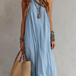 Light Blue Striped Off-the-shoulder Bohemian Style Dress