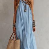 Light Blue Striped Off-the-shoulder Bohemian Style Dress