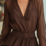 VESTIDO CORTO DE GASA MARRÓN CHOCOLATE CON VOLANTES - VALERINA MARBELLA