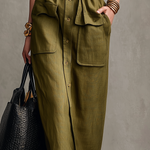 Sophisticated Utility Linen Sleeveless Midi Dress In Olive Green
