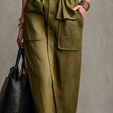 Sophisticated Utility Linen Sleeveless Midi Dress In Olive Green