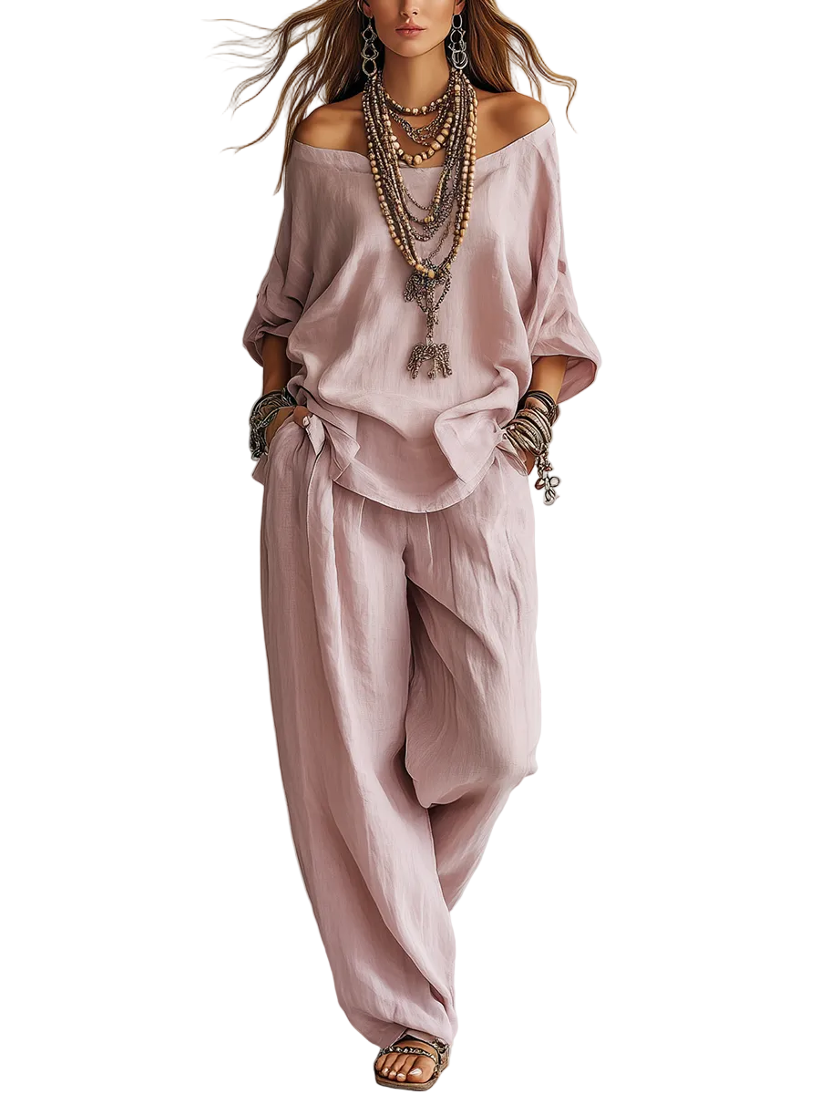 Casual Light Pink Linen Wide-leg Pants Set