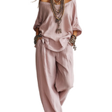 Casual Light Pink Linen Wide-leg Pants Set