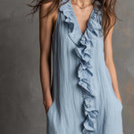 Relaxed Fit Side Pockets Ruffled Placket Cotton-linen Midi Dress