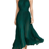 VESTIDO MIDI PLISADO VERDE ESMERALDA CON CUELLO HALTER - VALERINA MARBELLA