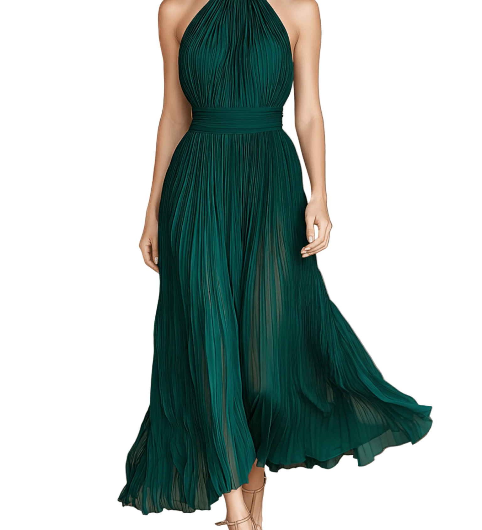 VESTIDO MIDI PLISADO VERDE ESMERALDA CON CUELLO HALTER - VALERINA MARBELLA