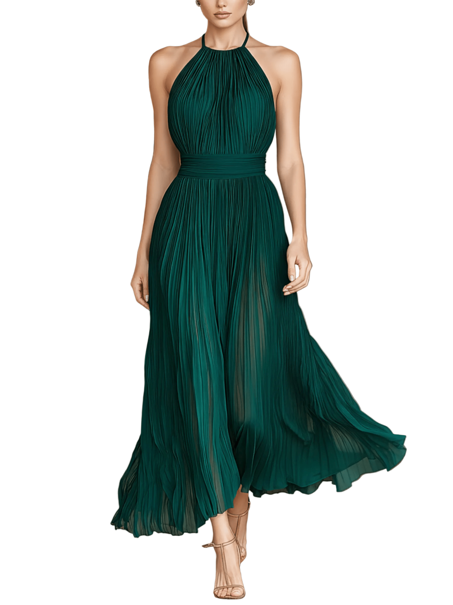 VESTIDO MIDI PLISADO VERDE ESMERALDA CON CUELLO HALTER - VALERINA MARBELLA