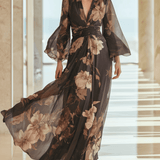 VESTIDO LARGO DE GASA FLORAL MARRÓN - VALERINA MARBELLA