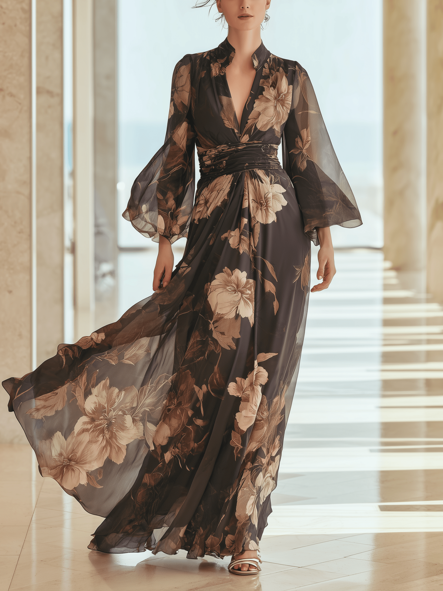 VESTIDO LARGO DE GASA FLORAL MARRÓN - VALERINA MARBELLA