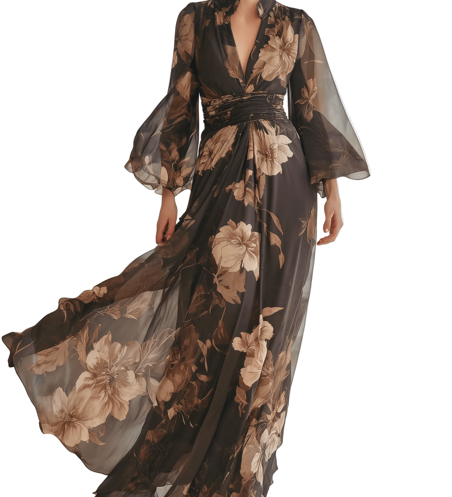 VESTIDO LARGO DE GASA FLORAL MARRÓN - VALERINA MARBELLA