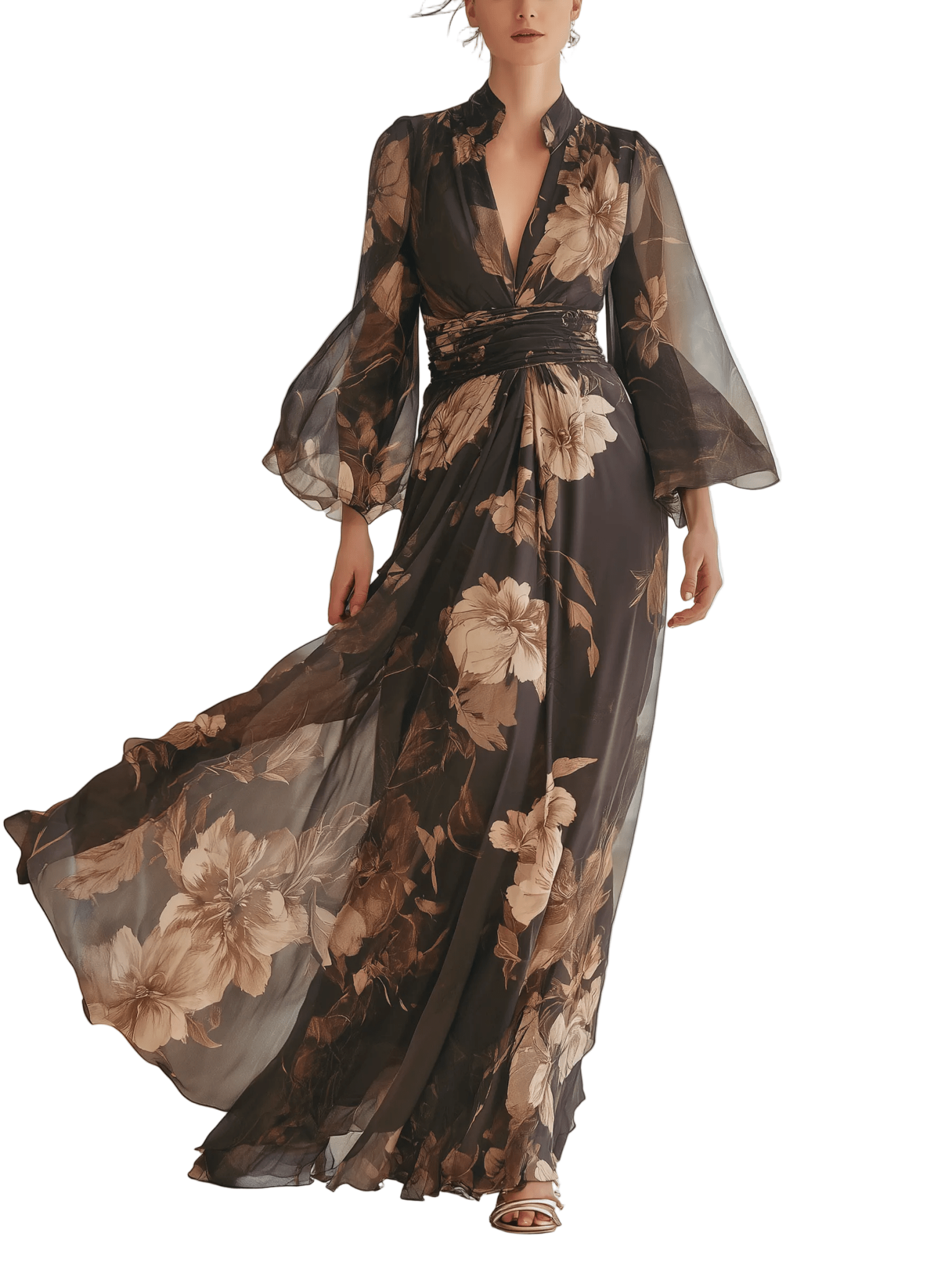 VESTIDO LARGO DE GASA FLORAL MARRÓN - VALERINA MARBELLA