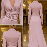 VESTIDO LARGO ROSA EMPOLVADO CON FRUNCIDO FRONTAL - VALERINA MARBELLA