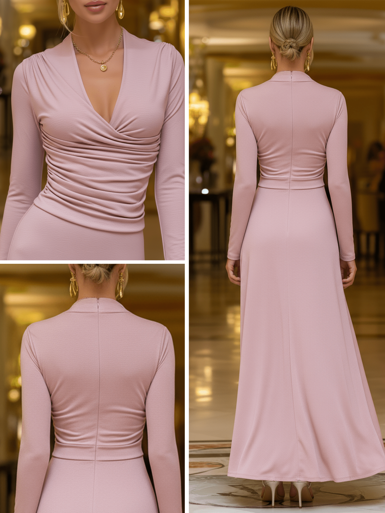 VESTIDO LARGO ROSA EMPOLVADO CON FRUNCIDO FRONTAL - VALERINA MARBELLA