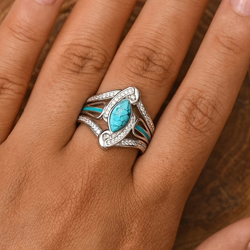 ANILLO ELEGANTE BOHEMIO BLANCO PLAQUÉ ORO TURQUESA