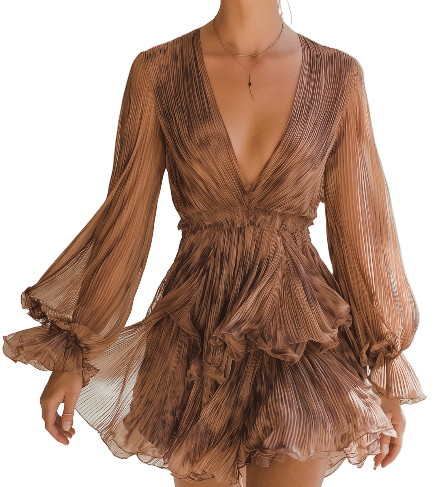 VESTIDO MINI DE GASA ARRUGADA COLOR MOCHA CON VOLANTES - VALERINA MARBELLA