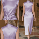 VESTIDO MIDI DE SATÉN LILA CON NUDO FRONTAL - VALERINA MARBELLA