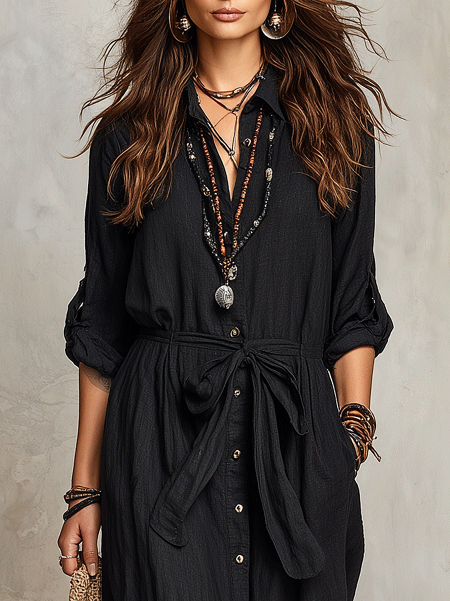 VESTIDO MAXI DE LINO NEGRO ESTILO BOHEMIO CON BOTONADURA - VALERINA MARBELLA