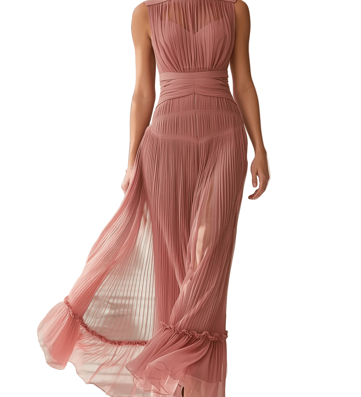 VESTIDO LARGO ROSA EMPOLVADO PLISADO CON CUELLO ALTO Y ABERTURA - VALERINA MARBELLA