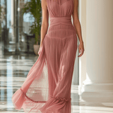 VESTIDO LARGO ROSA EMPOLVADO PLISADO CON CUELLO ALTO Y ABERTURA - VALERINA MARBELLA