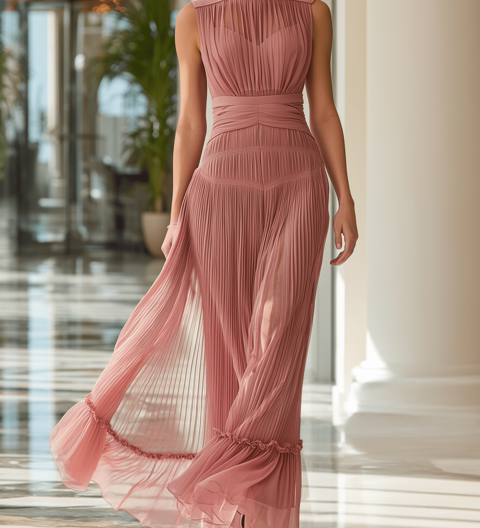 VESTIDO LARGO ROSA EMPOLVADO PLISADO CON CUELLO ALTO Y ABERTURA - VALERINA MARBELLA