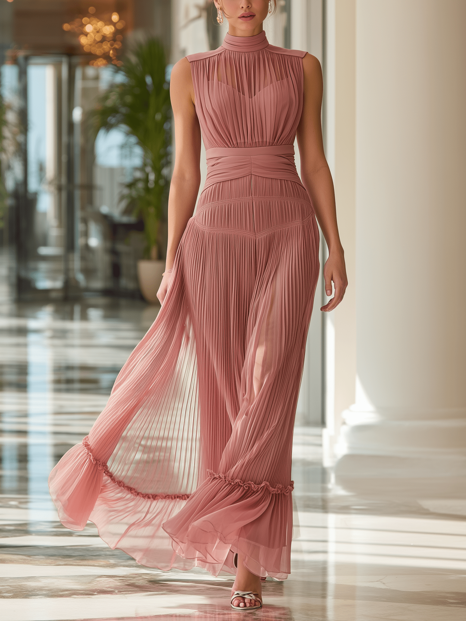 VESTIDO LARGO ROSA EMPOLVADO PLISADO CON CUELLO ALTO Y ABERTURA - VALERINA MARBELLA