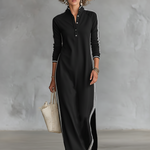 Women's Minimalist White-trimmed Button-down Collar Sweatshirt Dress Maxi Dress MDA0958L0Y