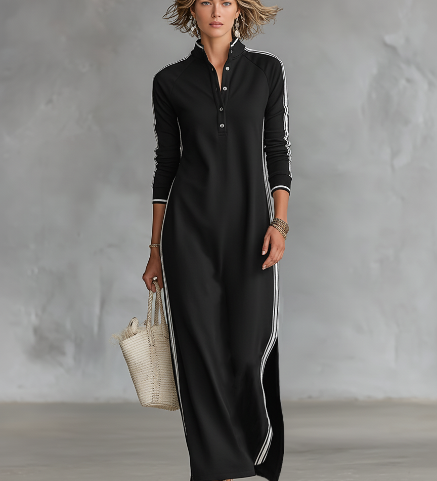 Women's Minimalist White-trimmed Button-down Collar Sweatshirt Dress Maxi Dress MDA0958L0Y