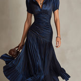 Retro Striped Satin Pleated Bodycon Midi Dress