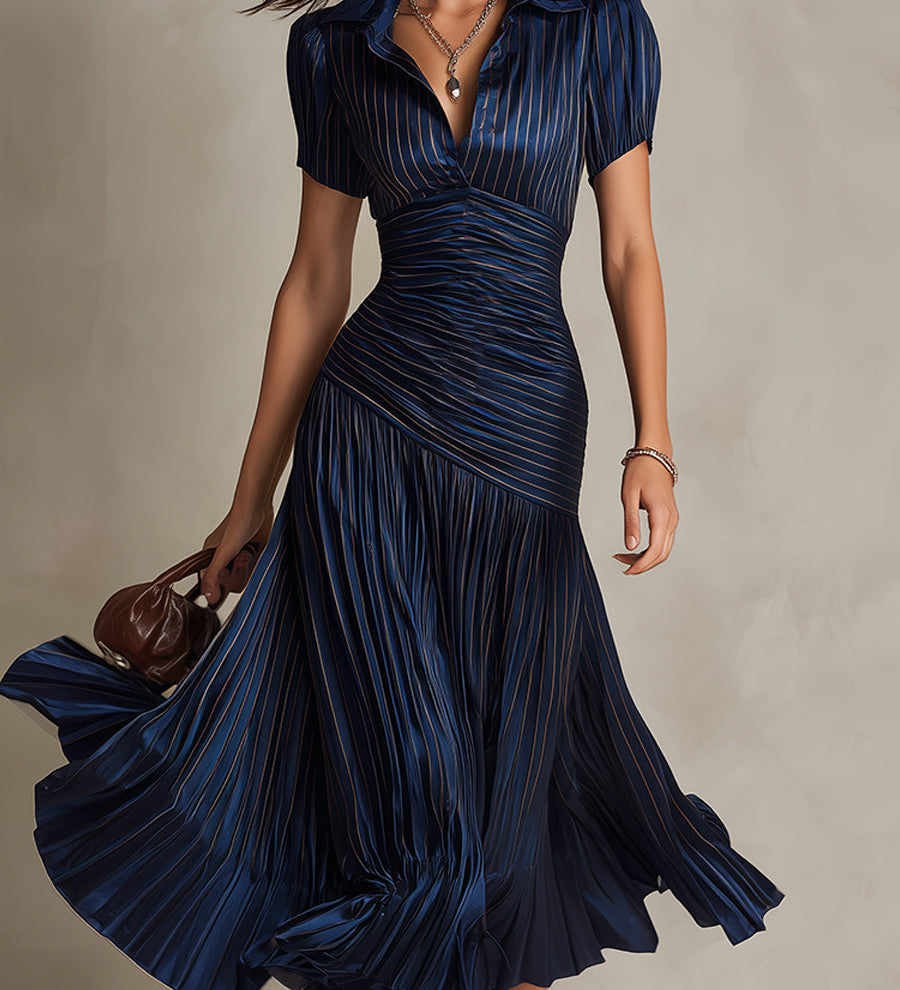 Retro Striped Satin Pleated Bodycon Midi Dress