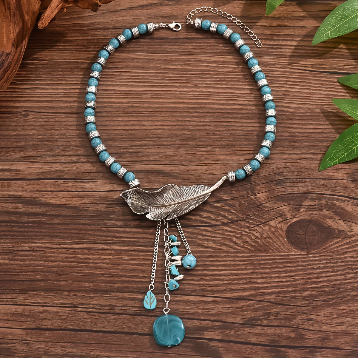 COLLAR VINTAGE BOHEMIO STYLE TURQUESA PERLES FEUILLE COLGANTE