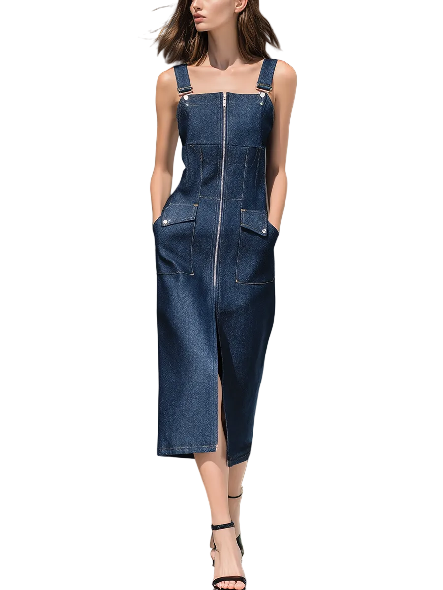 Tailored Utility Denim Midi Dress