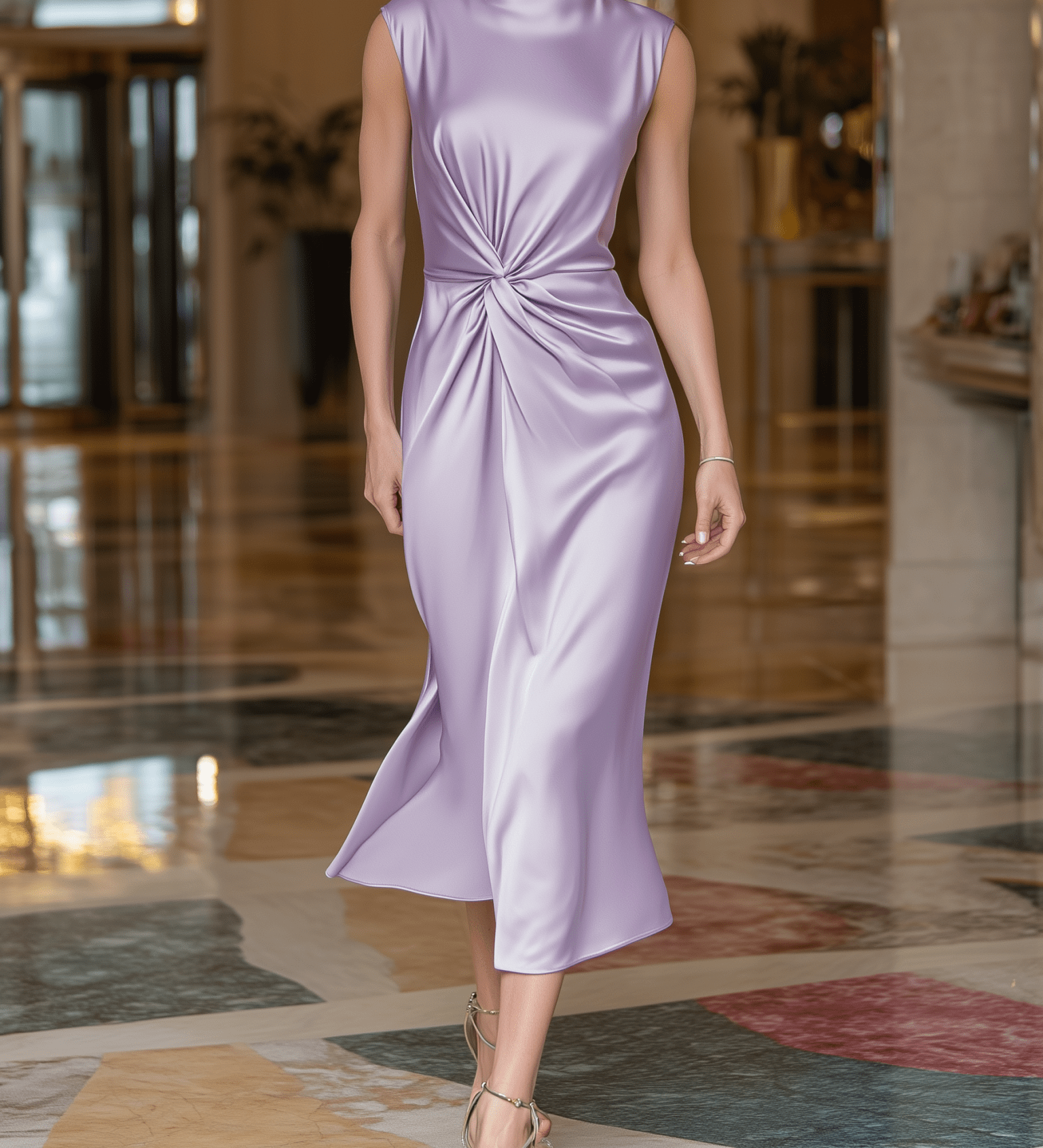 VESTIDO MIDI DE SATÉN LILA CON NUDO FRONTAL - VALERINA MARBELLA