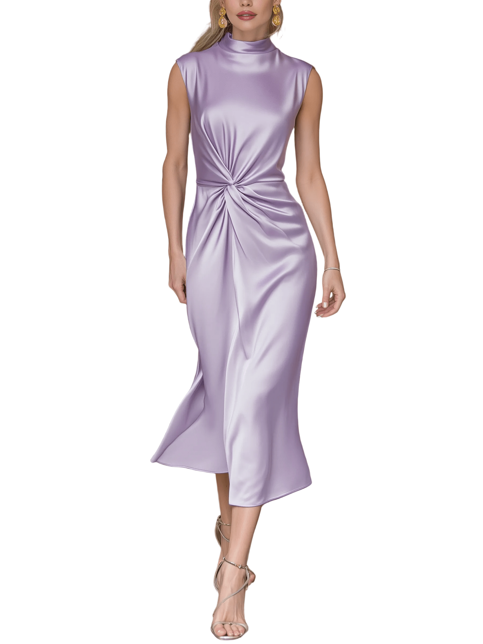 VESTIDO MIDI DE SATÉN LILA CON NUDO FRONTAL - VALERINA MARBELLA