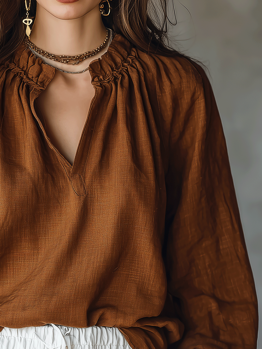 Relaxed Linen Blouse With Gathered V-Neck Detail