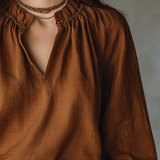 Relaxed Linen Blouse With Gathered V-Neck Detail