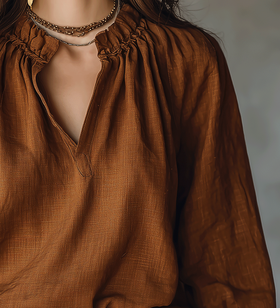 Relaxed Linen Blouse With Gathered V-Neck Detail
