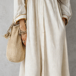 Striped Ivory Long Dress With Button Closure