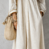 Striped Ivory Long Dress With Button Closure
