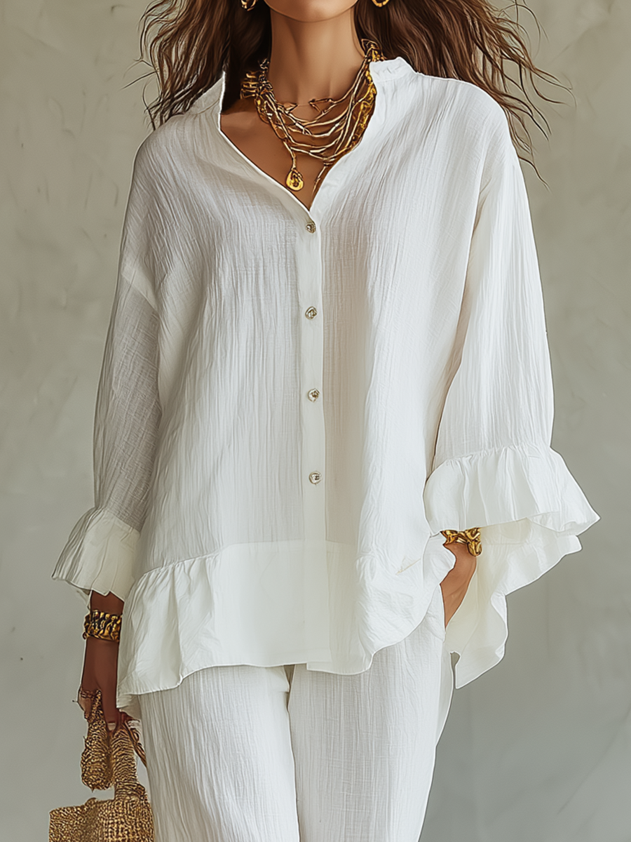 Effortless White Textured Ruffle Blouse & Wide-Leg Trouser Co-ord Set