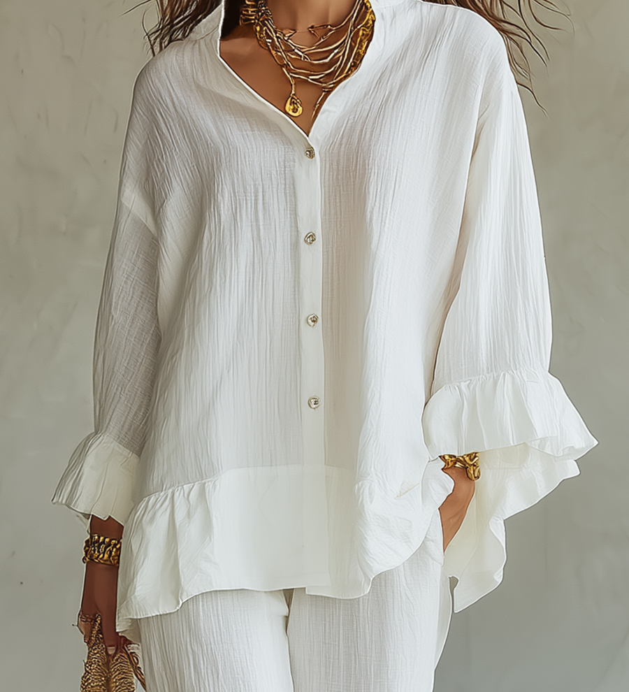 Effortless White Textured Ruffle Blouse & Wide-Leg Trouser Co-ord Set