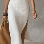 Stand-collar Split-hem Cotton And Linen Midi Dress