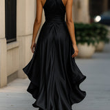Midnight Elegance Satin Halter Ruffle Gown