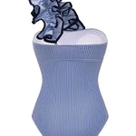 Striped Print One-Shoulder 3D Floral Elastic One-Piece Swimsuit