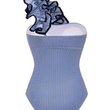 Striped Print One-Shoulder 3D Floral Elastic One-Piece Swimsuit