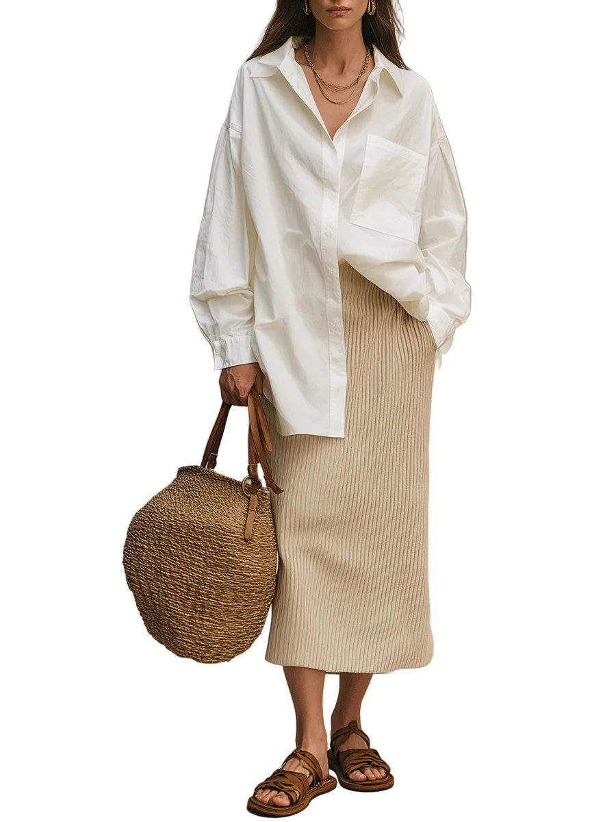 Modern Bohemian White Shirt & Soft Ribbed Midi Skirt Set