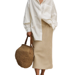Modern Bohemian White Shirt & Soft Ribbed Midi Skirt Set