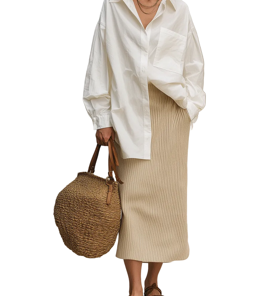Modern Bohemian White Shirt & Soft Ribbed Midi Skirt Set