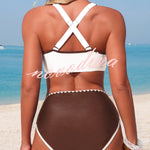 Stylish Color-blocked Trim High-waisted Two-piece Stretch Bikini Swimsuit