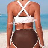 Stylish Color-blocked Trim High-waisted Two-piece Stretch Bikini Swimsuit