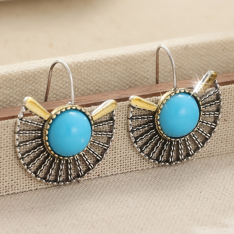PENDIENTES BOHEMIO TURQUESA PLAQUÉ ORO ÉVENTAIL FORME AJOURÉ CROCHET